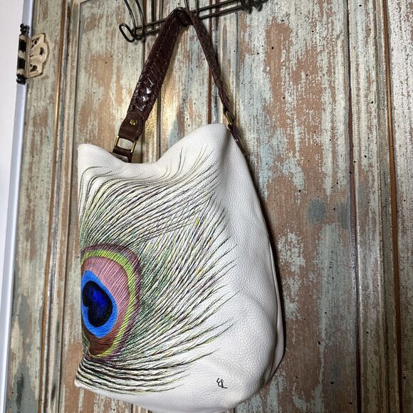 Elliott Lucca Large Cream Leather Handbag Hand Painted Peacock Feather S… - Picture 10 of 16